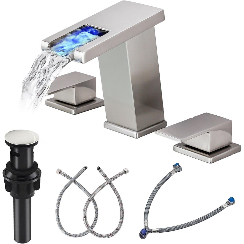 LED Waterfall Bathroom Faucet 3 Hole Brushed Nickel 8 Inch Color Changes w Temp